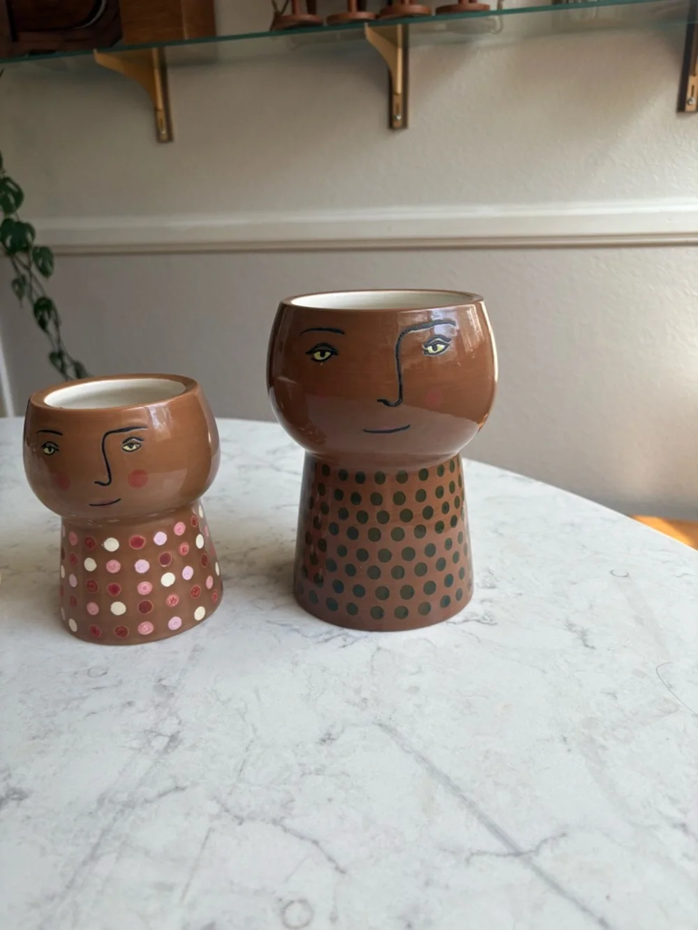 Hand-Painted Face Planters — Brown with Polka Dot Stands